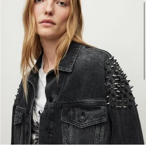 AllSaints Black Washed Denim Jacket with Studded Shoulders